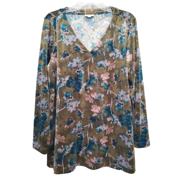 J Jill Pure Jill Velour Brown Floral V-Neck Long Sleeve Tunic Size Large - Picture 1 of 6